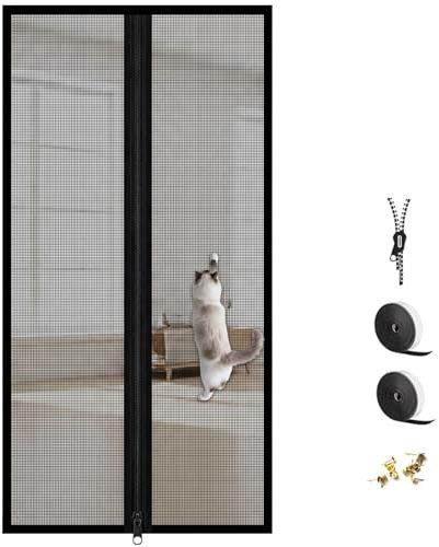 Cat Screen Door with Zipper - Upgraded PP+PE Fly Nets for Doors, Anti-Mosquito & Pet Escape Proof Door Net Curtain, Durable Cat Door Screen for Patio Doors Front Doors Standard Door, 80x200cm