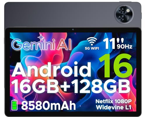DOOGEETab U11 Android 16 Tablet 11 Pollici Gemini AI 16GB RAM +128GB ROM (2TB TF) 8580mAh, Unisoc T7200 Octa-Core 13MP+5MP Gaming Tablet PC WIFI 5/ GMS/ WidevineL1/GPS/Face ID/OTG/ 3.5mm Audio,Grigio
