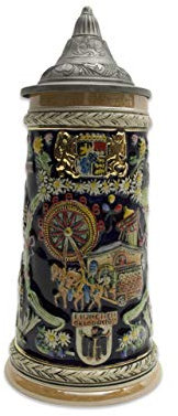 Essence of Europe Gifts 1 Liter | OktoberfestHaus Large Beer Stein Tankard Mug Hand-Painted Engraved Munich Oktoberfest Beer Stein With Metal Lid Beer Mugs for Men