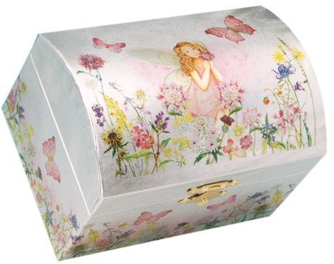 Le Monde de la Boîte à Musique - Boîte à bijoux claire en forme de malle, elfe au milieu de papillons - En ouvrant le couvercle une petite elfe apparaît et tourne sur la mélodie «It's a Small World» - Largeur 150 mm