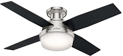 Hunter 44 inch Indoor Ceiling Fan with LED Light and Remote Control - Modern Ceiling Fan, Low Profile Mount, 4 Black Oak Blades, For Bedroom, Living Room, or Kitchen - Dempsey 59243, Brushed Nickel