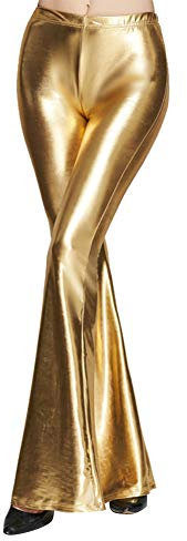 FYMNSI Damen Metallic Glänz Schlaghose Weite Bein Palazzo Hosen Hoher Bund Boot Cut Glitzer Lange Hose Schlanke Leggins Einfarbig Wet Look Stretch Leggings Tanzhosen Party Disco Clubwear Gold M