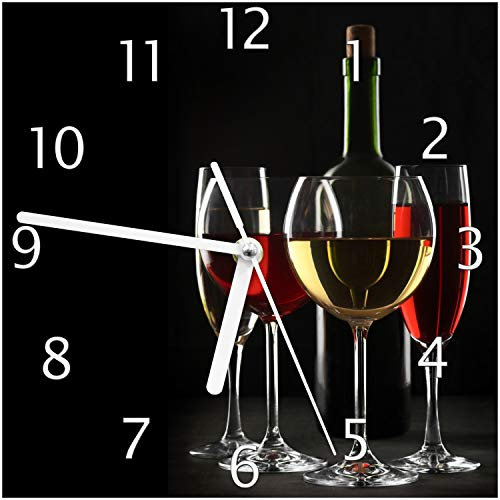 Wallario Design-Wanduhr Weinverkostung am Abend aus Glas, Motiv-Uhr Größe 20 x 20 cm, weiße Zeiger