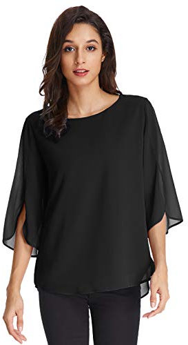 GRACE KARIN Chemisier Femme Casual élégant 3/4 Manches avec Fente Col Rond en Mousseline de Soie Grande Taille été Noir 2XL CLAF0015-3