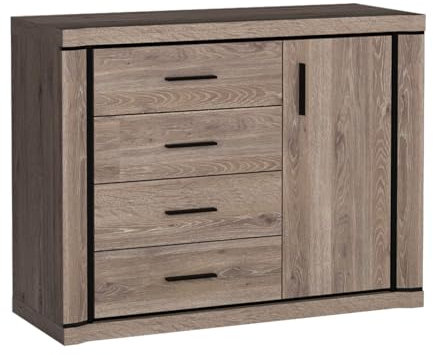 Mirjan24 Kommode Mannar M-03, mit 4 Schubladen und Türen, Mehrzweckschrank, Farbauswahl, Anrichte, Sideboard, Highboard, Naturtöne, Wohnzimmer (Eiche Trüffel)