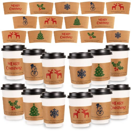 Whaline Christmas Coffee Cup Tea Cup Sleeves 30 Pack Kraft Disposable Paper Cup Sleeves 6 Designs for 12 and 16oz Corrugated Cup Paper Jacket for Hot Chocolate Cocoa or Cold Beverage