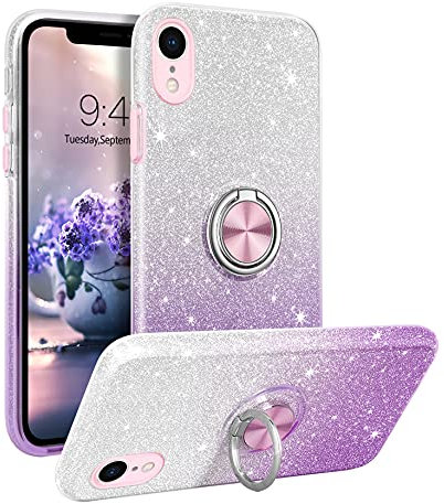 YINLAI iPhone XR Case - Bling Glitter Sparkle Shiny Cute Case for Girls Women with 360 Grad Ring Holder Kickstand - Slim Shockproof Protective - Purple Gradient