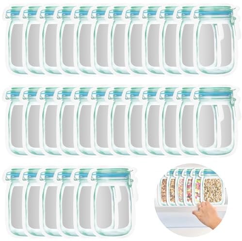 30 Stück Lebensmittel Aufbewahrungsbeutel, Einmachglas Zip Beutel Wiederverwendbare Gewürz-Aufbewahrungsbeutel Snack-Behälter Luftdichter Verschluss Beutel für Reisen Camping Picknick
