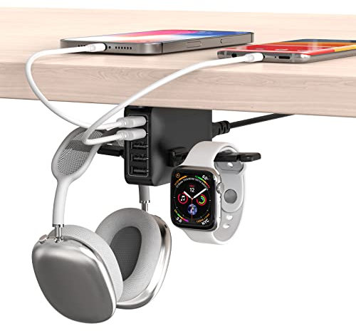HORUMP Headphone Stand with 5 Port USB Charger, Under Desk Headset Hook Holder Hanger Mount with USB Charging Station and iWatch Stand Smart Watch Charging Dock Dual Earphone Hanger Hook
