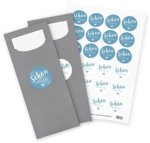 itenga 24x Bestecktaschen GRAU Schön dass du da bist blau Pochetten inkl. Serviette und Sticker Aufkleber Tischdeko Einweggeschirr
