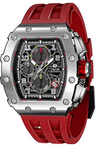 TSAR BOMBA Herrenuhr Luxus Tonneau Carré 50M Wasserdicht Edelstahl Saphir Chronograph Datum Multifunktions Japanisches Quarzwerk Mode Einzigartiges Design Cool Silikonband Elegantes Geschenk Uhr