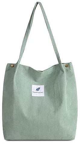 FITDON Cord Umhängetasche Damen, Groß Schultertasche Canvas Tasche Tote Handtasche für Alltag, Büro, Schulausflug und Einkauf - HellGrün