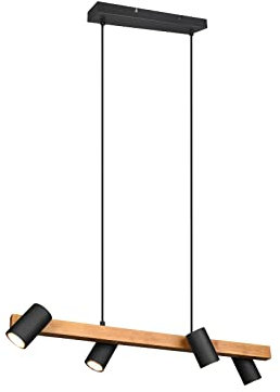 meineWunschleuchte Balken Pendelleuchte 4 flammig Metall Schwarz matt mit Holzbalken, Breite 80cm