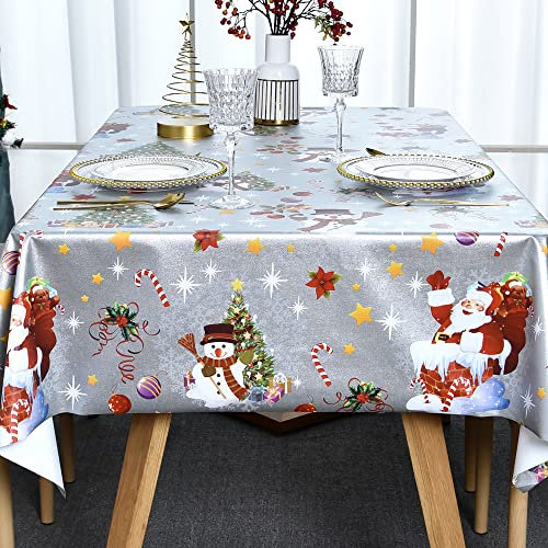 Plenmor Christmas Table Cloth Wipe Clean Christmas Tablecloth Xmas Sliver PVC Plastic Wipeable Waterproof Rectangular Table Cover Decoration for Festive New Year Kitchen Picnic (137 x 185 cm)