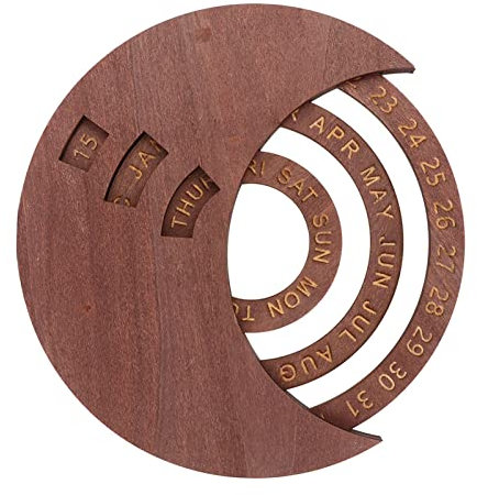 Beufee Ewiger Kalender aus Holz, Mondkalender, dunkelbrauner Tischkalender, Wandkalender für Heimdekoration, drehbarer Kalender für Heimbüro, Wohnheim