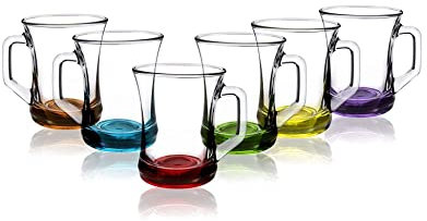 GITABI™ Colored Base Set of 6 Hot Drinking Mugs - Tea, Coffee, Latte Cups, Beautifully Blown Tea Glasses, Espresso Drinking Glass/Cup, 225 cc / 7.5 oz Glass