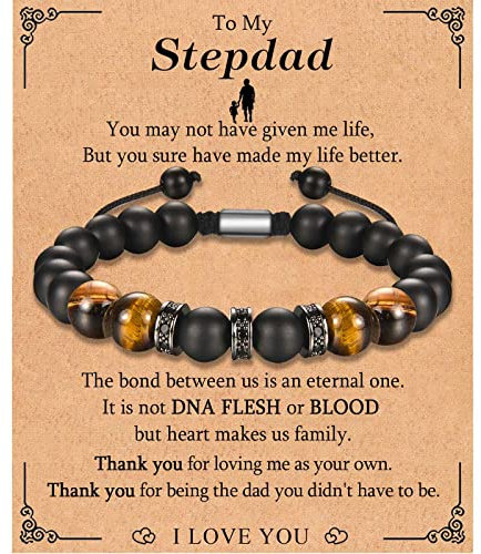 KORAS Step Dad Fathers Day Gift, Step Dad Gifts Tiger Eye Bracelet Black Onyx Stone Bracelet for stepdad, Presents for Fathers Day Birthday Christmas