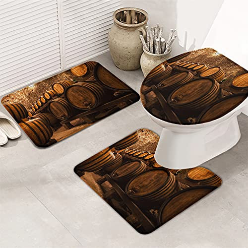 3 Teiliges Badteppich Set Vintage Braunes Weinfass-Bauernhaus Wasserabsorbierend Kontur Badteppich Langlebige Wc-Sitzbezug Badgarnitur Matte
