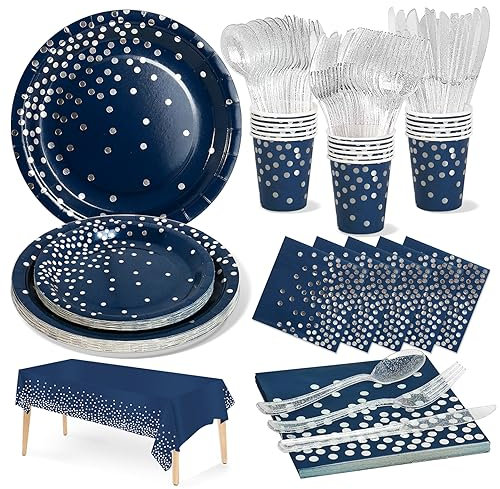 Nkaiso Paper Plates Napkins Cups Set, 141 Pieces Navy Blue and Silver Kids Birthday Party Tableware Party Supplies Set Includes Paper Plates Napkins Reusable Cutlery -20 Guests