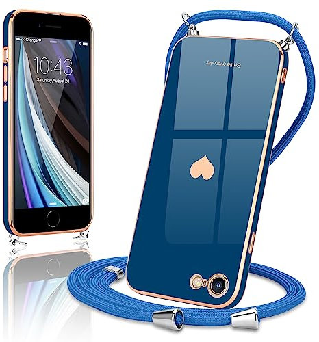 Wirvyuer Handyband Kompatibel mit iPhone SE 2022 Hülle, iPhone 7,iPhone 8,iPhone SE2020 Handyhülle mit Band zum Umhängen Kameraschutz Liebesherz Silikon Hülle für iPhone 7/8/SE2020/SE2022 Blau