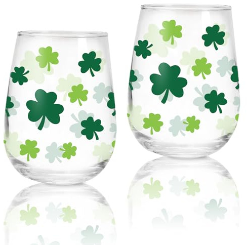 Whaline Lot de 2 verres à vin sans pied pour la Saint-Patrick - 500 ml - Motif trèfle - Vert