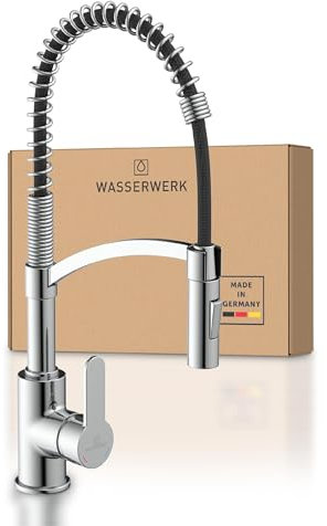Wasserwerk WK3 Küchenarmatur - Design-Wasserhahn Küche - Chrom - Herunterziehbare Brause - Armatur mit Energiesparfunktion & Verbrühschutz - Premiumqualität Made in Germany