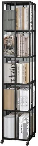 Drehbares Bücherregal, 360-Grad-Bücherregal beweglicher Boden Haushalt einfache Kinder Aufbewahrung Veranstalter, Eisen-Regal mit Universal-Räder (Color : Schwarz, S : 35 * 139cm)