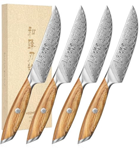HEZHEN Set de Couteaux a Steak Damas, 73 Couches D'acier Damas Couteaux a Steak Non Dentelés Couteau de Table, Manche en Bois Full Tang