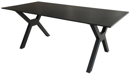 MR. DEKO® Gartentisch Granada L Dark Grey | Tisch mit gesinterter Steinplatte 180 x 90 x 76 cm (LXBxH) | Schwarzes X-Bein Tischgestell aus Aluminium | Keramikplatte für Outdoor bis 6 Personen