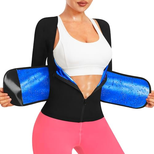 DYUAI Camisa de sauna para mujer, para pérdida de peso, traje de sauna para mujer, entrenador de cintura, chaleco de sauna con cremallera, Forro azul., XL