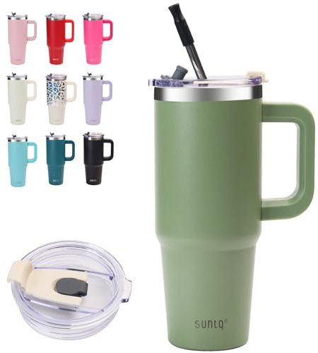 SUNTQ 30oz Mug Isotherme avec Paille et Poigné - Gobelet Paille de Bureau et Voiture en Acier inoxydable, Élégant et Durable - Gobelet Isotherme pour les boissons chaudes et froides(Vert mousse)