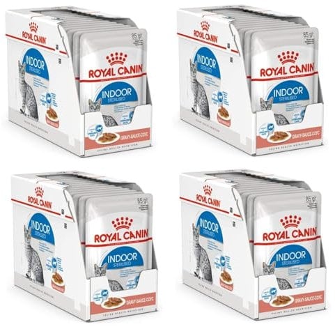 Royal Canin Indoor Sterilised in Soße | 4er Pack | 4 x 12 x 85 g | Alleinfuttermittel für ausgewachsene Katzen die im Haus Leben | Für sterilisierte Katzen | Häppchen in Soße
