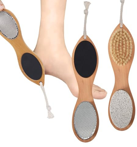 GOZINA Foot File Brush, 4 in 1 Foot Scrubber, Including Wood Nail Scrub Brush and Pumice Stone, Foot Scrub and Foot File, Suitable for All Types of Feet