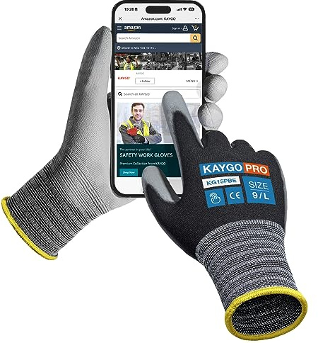KAYGO Thin Work Gloves PU Coated Nylon Liner Touschscreen 12 Pairs, KG15PBE | 15G Seamless Knit, Breathable Lightweight Safety Working Gloves for Precision Handling, DIY Assembly, Warehouse (Black, L)