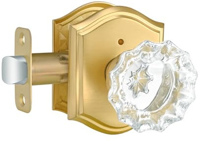Dllween Glass Door Knob, Gold Crystal Door Knob Interior with Lock, Satin Brass Privacy Door Knob for Bedroom Bathroom, Brushed Gold