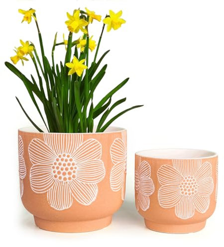 YBX 20,3 cm + 20,3 cm weiße Blumentöpfe mit Blumenmuster, sandglasierter Keramik-Übertopf mit Drainageloch, Blumentöpfe für Zimmerpflanzen, Orange
