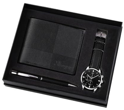 UxicRuya Geschenkset für Herren, Geschenkkörbe, Wunderschöne Dekoration, Elegante, Moderne Geschenkbox, Uhren/Geldbörsen/Stifteset für Herrenpaare Zum Vatert, Schwarz Silber