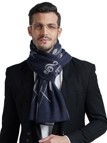 WANYING Herren Strickschal 6% Wolle Gestrickter Schal Herrenschal Wolleschal für Herbst Winter Casual Business - Musik Notiz Muster Dunkelblau & Grau