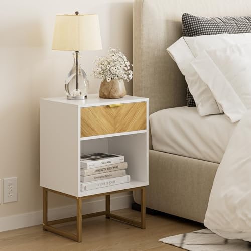 HEYZOEY Bedside Table White Bedside Cabinet, Wooden Nightstand Modern Night Stand with Oak Drawer, Boho Side Table for Living room,Bedroom,Office