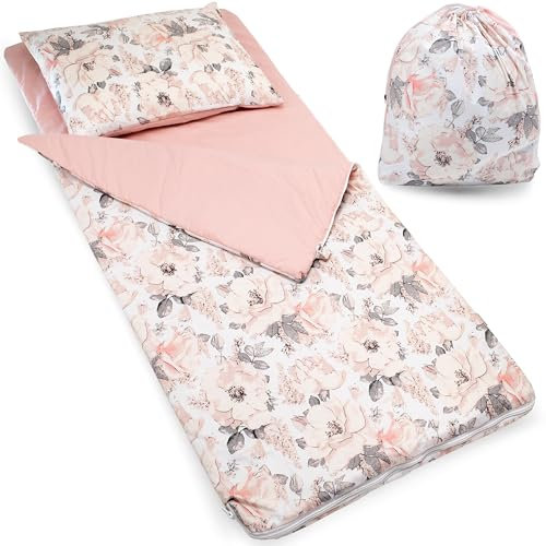 PinkZebra 3-7 Jahre Kinder Schlafsack 140 x 75 cm + Kissenbezug 60 x 40 cm für Mädchen & Jungs, Kinderschlafsack + Kissenbezug, Öko-Tex, Baumwollschlafsack mit Doppelter Reißverschluss, Blumen