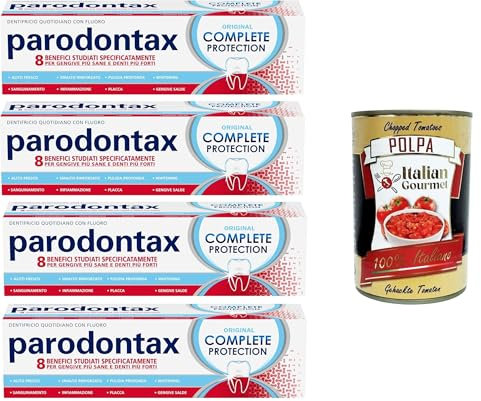 Parodontax Complete Protection Original, tägliche Zahnpasta mit Fluorid, 8 Vorteile, speziell entwickelt für gesünderes Zahnfleisch und stärkere Zähne, 4x75 ml+ Italian Gourmet polpa 400g