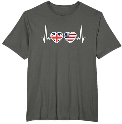 British Roots Great Britain UK Ancestry Gifts USA UK Heartbeat Flag T-Shirt, Unisex Adults, Short Sleeve, Black, Small