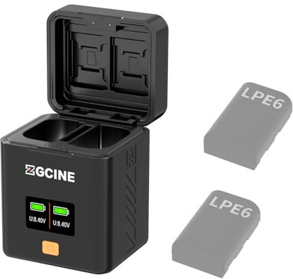 ZG CINE PS-LPE6 Ladebox für EOS LP-E6/E6N/E6NH/E6P Batterien | USB-C PD Schnellladung mit OLED-Display | Duales Ladegerät für Kamera | Tragbare Ladebox mit Speicherkartenfach für Fotografen
