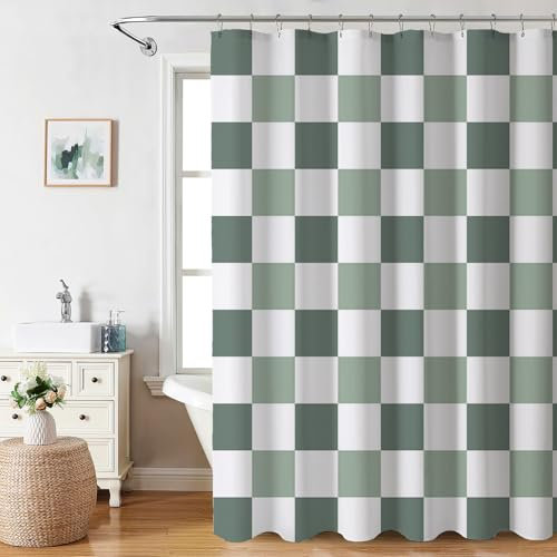 AIBIIN Rideau de douche imperméable durable à motif damier vintage avec 12 crochets, lavable en machine, pour toutes les salles de bain, 180 x 180 cm, vert sauge
