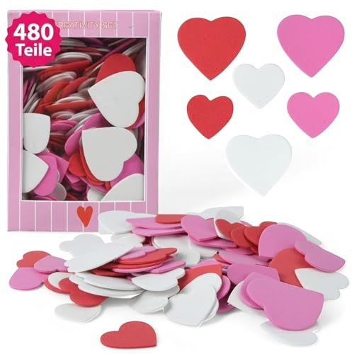 MIJOMA Herzkonfetti Schaumstoff – 480 Herzen in Weiß, Pink & Rot – Tischdekoration für Hochzeit, Geburtstag & Feiern