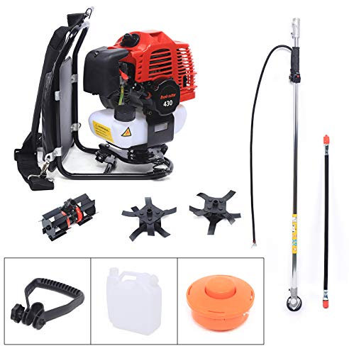 43cc Benzin Motorsense,3 in 1 Rückentragbare Freischneider,1.7PS 2-Takt Rasentrimmer,Benzin Heckenschere,Lockerer,inkl. Profi-tragegurt Mit Antivibrationssystem/Unkrautrad/Ripper Wheel