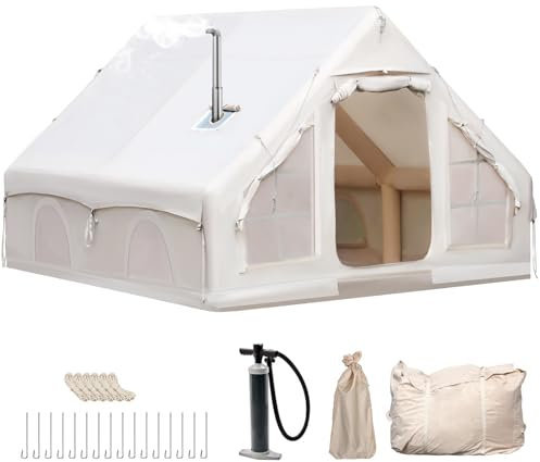 Aufblasbares Campingzelt für 2-8 Personen - 4-Jahreszeiten-Zelt aus wasserdichtem Oxford-Gewebe mit Luftpumpe, schnell aufbaubarer Unterschlupf (Mit Kaminöffnung, 4-8 Pers/400cm x 300cm x 200cm)