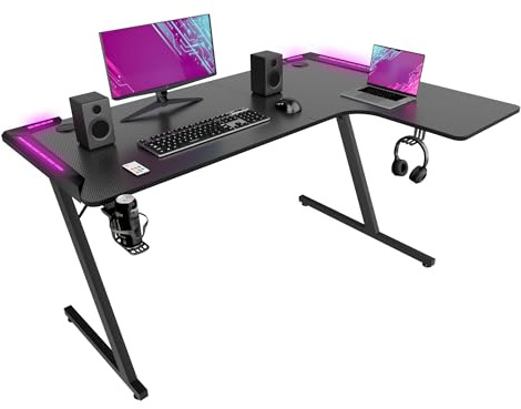 FRANKYSTAR Shigeru - Eck-Gaming-Schreibtisch, 140 x 99 x 76 cm, mit LED, Becherhalter, Haken, Kopfhörer, aus MDF und Metall, Schwarz