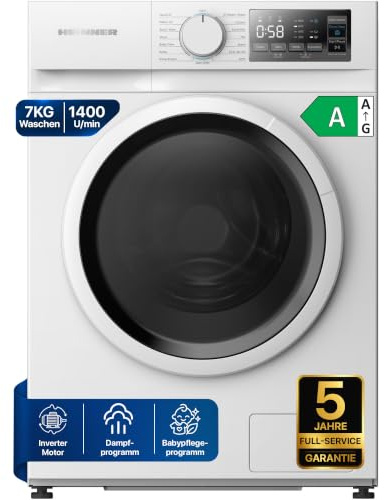 HEINNER HWM-M714IVSMNA+++ Waschmaschine, 7 kg, bürstenloser Motor, 15 Waschprogramme, 72 dB Geräuschpegel, LED-Anzeige, 1400 U/min, Energieklasse A+++, 5 Year Warranty (Weiß, 7 KG)