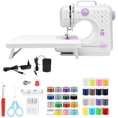 BRAVECOW MiNi Nähmaschine,Nähmaschine mit Anschiebetisch,Nähzubehör-Set für Kinder und Anfänger,12 integrierte Stiche und Eingebautem LED-Licht,Inklusive Fußpedal